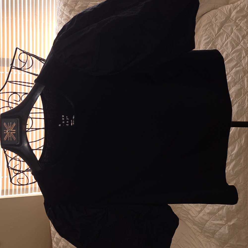 A New Day Classic Black Blouse W/ Puff Sleeves Womens Suze Medium (Katie #15)